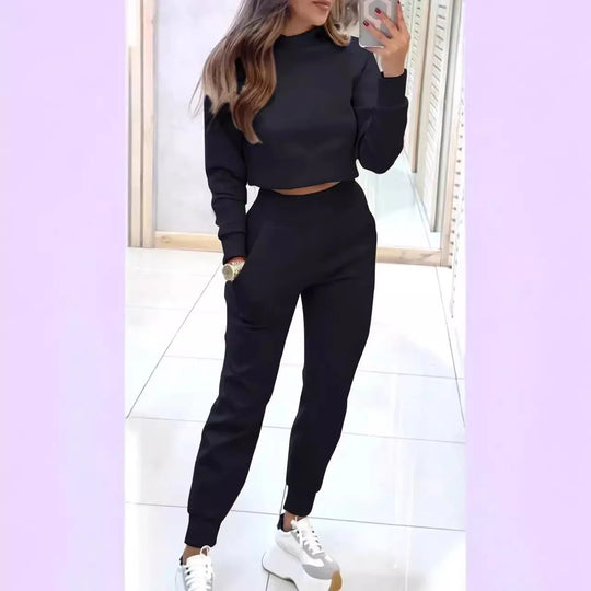 Autumn Simple Style 2 Piece Sets Women Outfits Long Sleeve Half High Collar Short Sweatshirt Pencil Pant Sport Suit Tracksuit