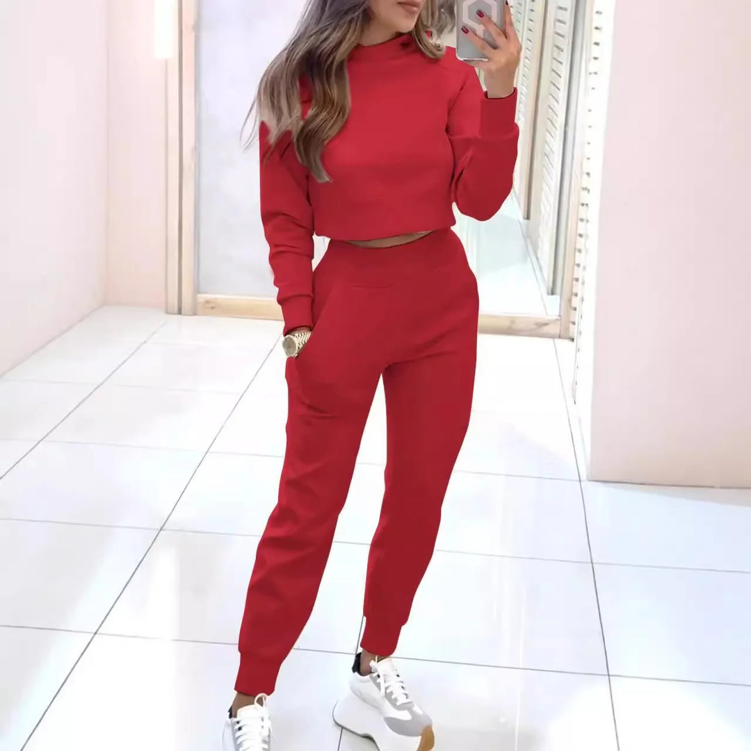 Autumn Simple Style 2 Piece Sets Women Outfits Long Sleeve Half High Collar Short Sweatshirt Pencil Pant Sport Suit Tracksuit