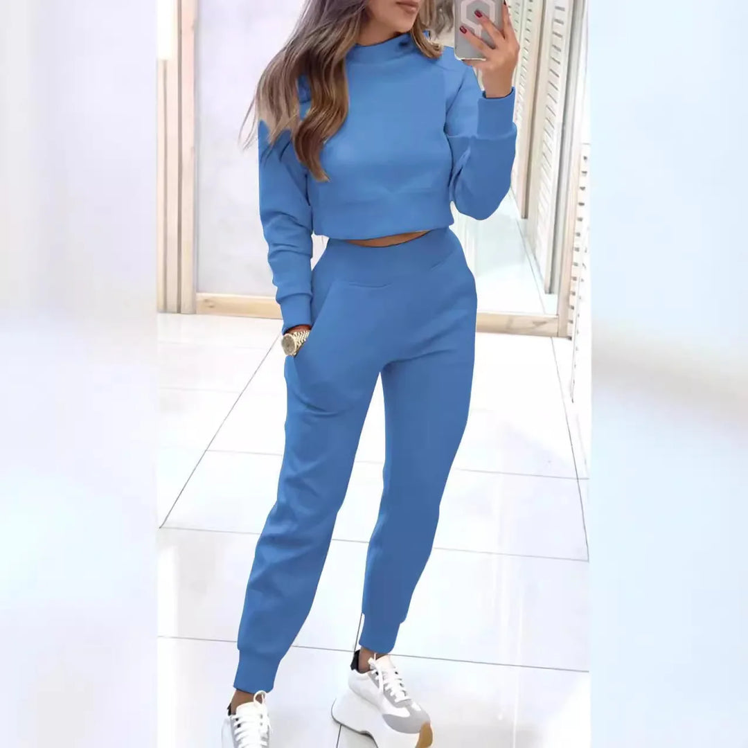 Autumn Simple Style 2 Piece Sets Women Outfits Long Sleeve Half High Collar Short Sweatshirt Pencil Pant Sport Suit Tracksuit