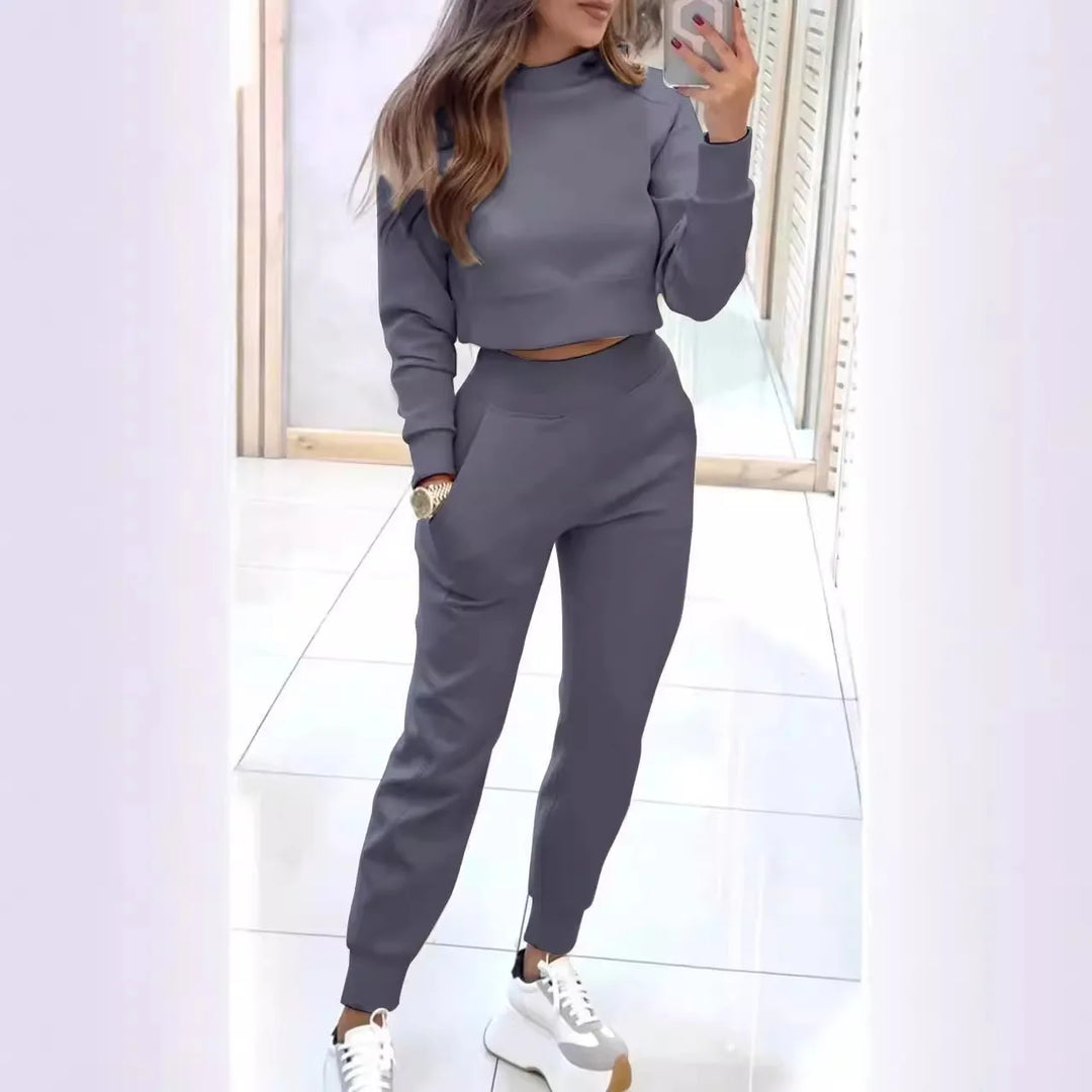 Autumn Simple Style 2 Piece Sets Women Outfits Long Sleeve Half High Collar Short Sweatshirt Pencil Pant Sport Suit Tracksuit